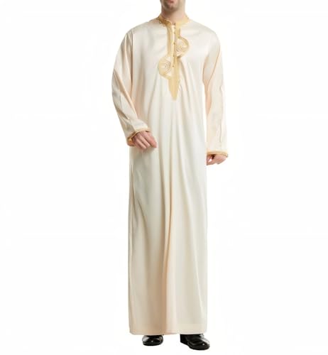 Men's Ankle-Length Thobe With Round Neck And Intricate Gold Embroidery - color: Beige and Gold, size: Medium