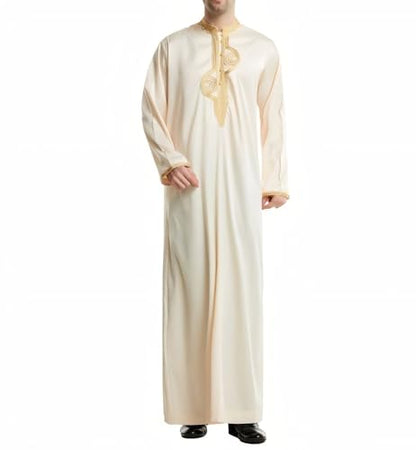 Men's Ankle-Length Thobe With Round Neck And Intricate Gold Embroidery - color: Beige and Gold, size: Medium