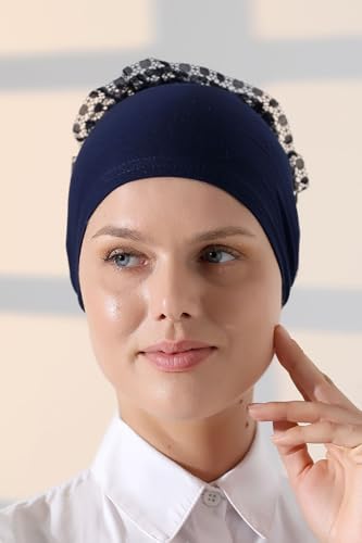 ihvan online Hijab Cap, Head Scarf Beanie, Volumizing Non Slip Head Wraps for Women, Hijab Undercap with Tie-Back Closure - color: Navy Blue