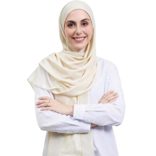 Instant Hijab Set 3-in-1 Chiffon Hijab Scarf for Women with Built-in Magnets and Undercap Head Wraps - color: Beige