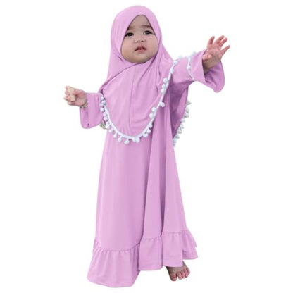 IWEMEK Infant Baby Girl Prayer Dress Kids Muslim Clothes for Toddler Girls Abaya with Hijab Ruffle Islamic Eid Ramadan Outfit - color: Lavender, size: 0-6 Months