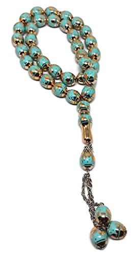 Muslim Tasbih 33 Rosary Bead AMN-276 Islam Prayer dhikr Misbaha with Masjid Image Printed on Laser Crystal Stone Beads Islamic Religion Eid Ramadan Gift (Aqua) - color: Aqua