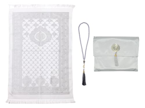 Muslim Prayer Rug and Beads with Elegant Slub Fabric Bag, Islamic Prayer Mat, Muslim Prayer Rug, Ramadan Prayer Blanket, for Gifts, Muslim, Islamic, Ramadan, Prayer (Gray,110 * 70CM)