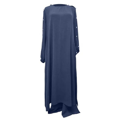 Muslim Dress Women Prayer Dresses Plus Size Maxi Dress Summer Casual Long Sleeve Flowy Long Sundresses - color: Navy, size: Large