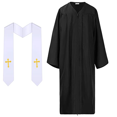 Jiuguva Clergy Robe for Adults Unisex, Priest Church Robe Set with Cross Stole, Minister Pulpit Baptism Choir Robe Attire - color: Black