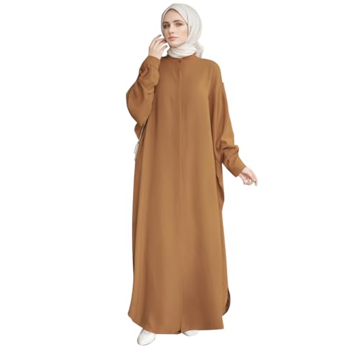 AWIBMK Women Abayas Dubai Kaftan Henley Shirt Prayer Maxi Dress Muslim Batwing Sleeve Ramadan Islamic Clothes - color: Light Brown