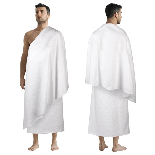 DIAOJIA® Muslim Men's Prayer Shawl,Pilgrimage Towel White Traditional Arabic Hajj Shawl, Polyester Terry Cloth Material, 110x210 cm, 2-Piece Set with Storage Bag (White)