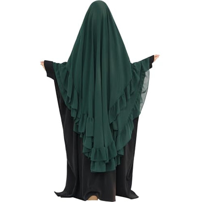 khalat Women's Hijab Chiffon Hijab for Women Muslim 2 Layers Ruffle Lightweight Large Hijab - color: Dark Green