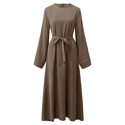 Casual Maxi Dresses for Women Long Sleeve Spring Pleated Flowy A Line Prayer Dress Muslim Dresses with Belt - color: Brown, size: Medium