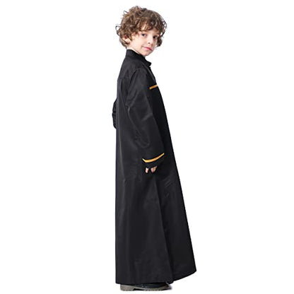 Boy's Muslim Arab Islamic Kaftan Embroidered Robe Solid Color Thobe Islamic Arabic Abaya Ethnic Dress With Pockets - color: Black Stripe, size: 4-5T