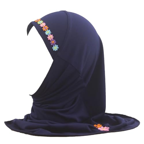 Girls Instant Hijab – Soft Kids Muslim Scarf with Flower, Breathable One-Piece Headscarf for Toddlers Age 2-8 - color: Small Flower-navy