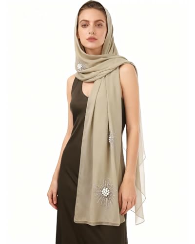 Chiffon Hijab Scarf for Women Muslim Hijab Head Wrap Scarves Soft Rhinestone Chiffon Scarf Fashion Long Scarves Shawl - color: Khaki