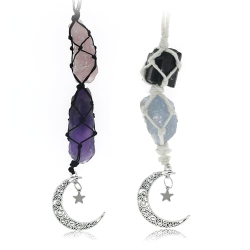BOHO GARDEN Hanging Car Charm - 2-Pack Rose Quartz & Amethyst + Black Tourmaline & Blue Calcite - Dangling Moon & Healing Crystal Accessories, Rearview Mirror Decorations – Protection, Energy - color: 2-pack (Rose Quartz-amethyst + Tourmaline-calcite)