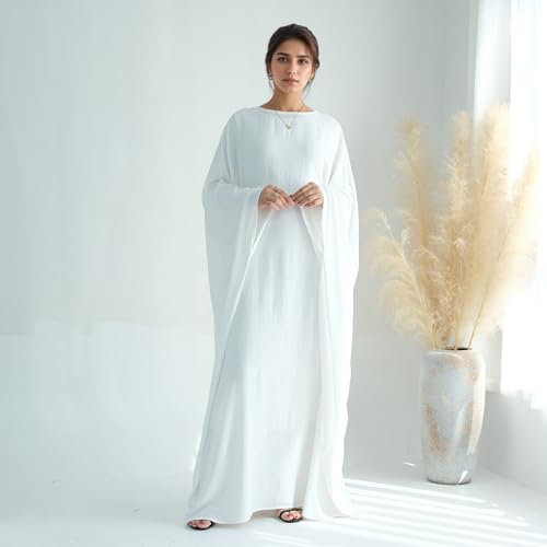 Abaya Dress for Women Soft Crepe Like Linen Khimar Butterfly Batwing Dubai Islam Muslim Kaftan Modest Prayer Dress - color: White, size: Medium