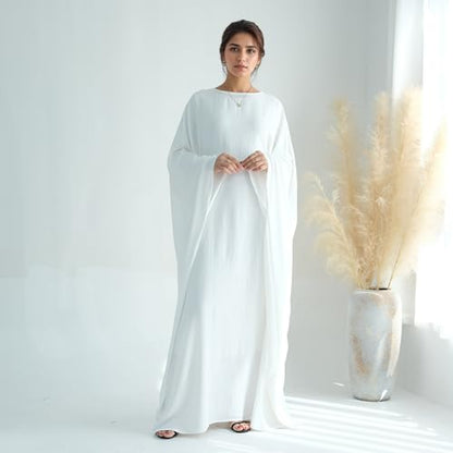 Abaya Dress for Women Soft Crepe Like Linen Khimar Butterfly Batwing Dubai Islam Muslim Kaftan Modest Prayer Dress - color: White, size: Large