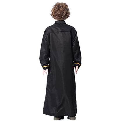 Boy's Muslim Arab Islamic Kaftan Embroidered Robe Solid Color Thobe Islamic Arabic Abaya Ethnic Dress With Pockets - color: Black Stripe, size: 5-6 Years