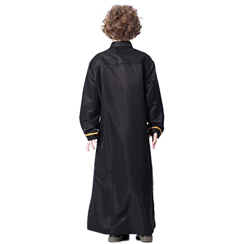 Boy's Muslim Arab Islamic Kaftan Embroidered Robe Solid Color Thobe Islamic Arabic Abaya Ethnic Dress With Pockets - color: Black Stripe, size: 7-8 Years