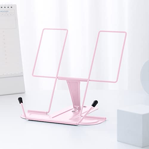 MSDADA Metal Book Stand for Desk, Adjustable Reading Rest Book Holder, Portable Cookbook Documents Holder, Sturdy Typing Stand for Recipes Textbooks Tablet Music Books with Page Clips (Macaron Pink) - color: Macaron Pink