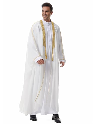 OBEEII Men Muslim Thobe Open Front Chiffon Ramadan Abaya Cardigan Dubai Saudi Embroidery Eid Islamic Clothes Prayer Kaftan - color: White, size: X-Large