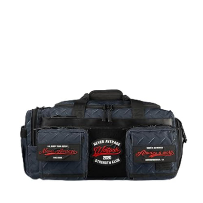 WOLFpak 30L Perfect Duffle Bag (Strength Club) Tactical Gym Bag Hardshell Base 1000D Waterproof Travel Carry On with Shoe Compartment, Dual Cup Holders, Laptop Sleeve & Molle Straps - color: Strength Club