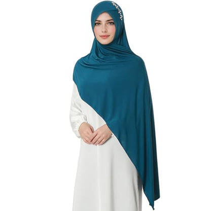 khalat Instant Hijab 여성용 무슬림 샤이니 라인스톤 데일리 스카프 부드럽고 신축성 있는 단색 이슬람 기도 히잡 - color: 블루.
