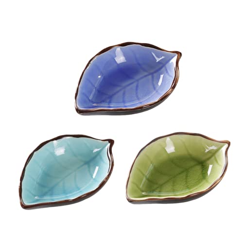 WAIT FLY Lovely Leaf Shaped Ceramic Seasoning Dishes/Tea Bag Holders/Ketchup Saucers/Appetizer Plates/Vinegar Spice Salad Soy Sushi Wasabi Seasoning Dipping Bowls, Set of 3 - color: Leaves