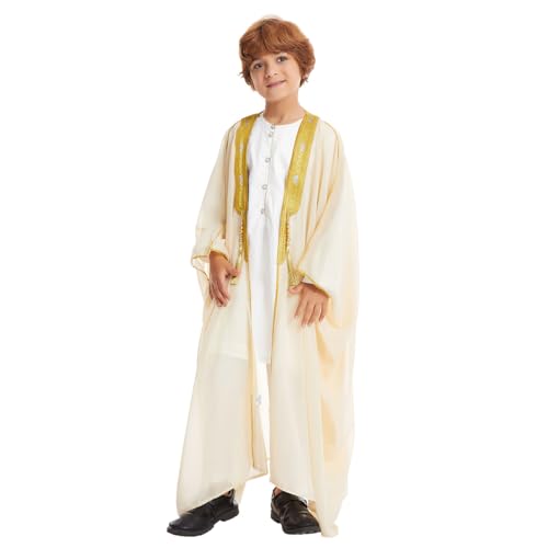 IDOPIP Muslim Thobe for Boys Islamic Arabic Kaftan Robe Ramadan Kids Long Sleeve Embroidery Tassels Open Front Cardigan Thobe - color: Beige, size: 11-12 Years