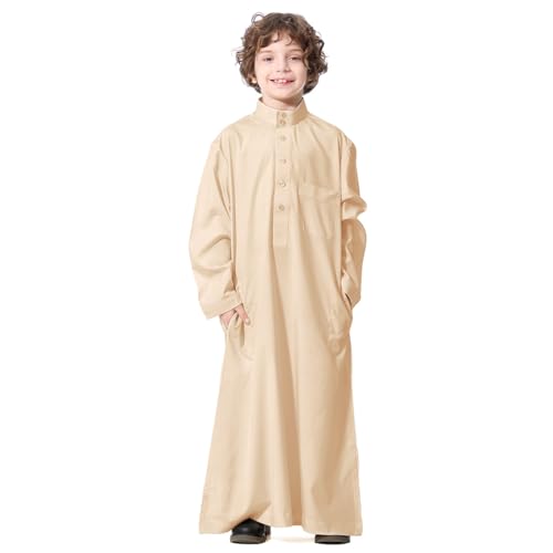 IWEMEK Kids Arabic Abaya Thobe for Boys Muslim Prayer Dress Arab Islamic Kaftan Robe Pockets Buttons Dubai Solid Color Thobe - color: Apricot, size: 13-14 Years