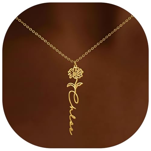Elemtansy Custom Name Necklace with Birth Flower, Personalized Jewelry Necklaces for Women, 18K Gold Name Plate Necklaces Personalized Mothers Day Birthday Gifts for Women Sister Best Friend - color: 1-Name with Birth flower