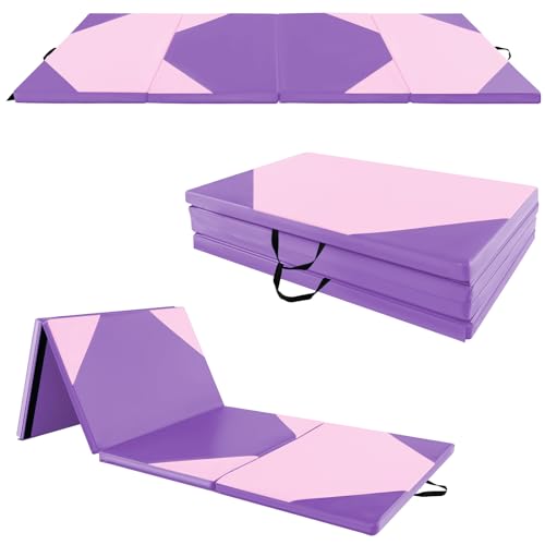 Goplus Folding Gymnastics Mat, 10’ x 4’ x 2’’ Thick Tumbling Mats with PU Leather, Hook & Loop Fasteners, Portable Handles, 4-Panel Exercise Mat for Home Gym Workouts, Yoga - color: Pink+Purple