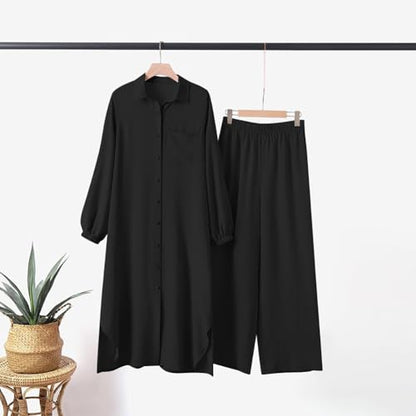 Women's Muslim 2 Pieces Sets Long Sleeve Button Down Shirt and Pants Abaya Casual Dress Dubai Outfits - color: Black, size: Small