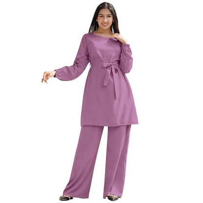 IWEMEK Abayas for Women Muslim Long Sleeve Loose Top Pants 2 Pcs Eid Ramadan Outfits Casual Islamic Muslim Clothes with Belt - color: Fuchsia, size: Small