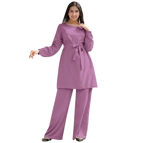 IWEMEK Abayas for Women Muslim Long Sleeve Loose Top Pants 2 Pcs Eid Ramadan Outfits Casual Islamic Muslim Clothes with Belt - color: Fuchsia, size: Large