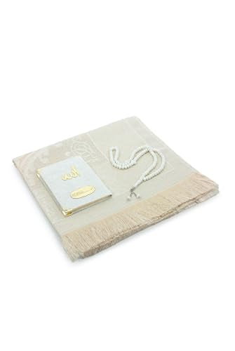 ihvan online Taffeta Fabric Muslim Prayer Rug, Velvet Covered Yaseen Surah Pocket Size Book, Prayer Beads Set with Kraft Boxed, Dowry Box for Men & Women, Islamic Ramadan Eid & Wedding Gifts, White - color: White