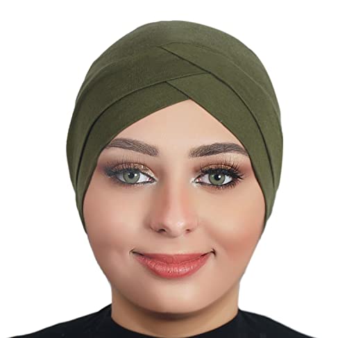 Solid Color Full Cover Inner Hijab Caps Muslim Forehead Cross Turban Stretch Hijab for Women Head Scarf Under Hijab - color: Olive Green