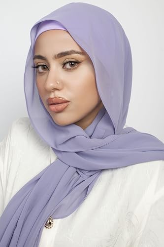 Instant Chiffon Hijab 3-in-1 with Built-in Magnets and Attached Match Undercap, Women Hijabs Set. - color: Lavender