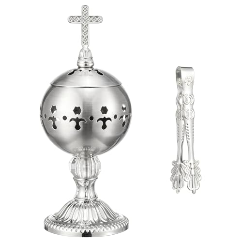 Zonon 1 Set Incense Burner with Tong, Frankincense Charcoal Incense Stand Holder, Ideal for Yoga, Spa, Aromatherapy, Home and Christian Church Censer (Silver,Retro) - color: Silver, size: Retro