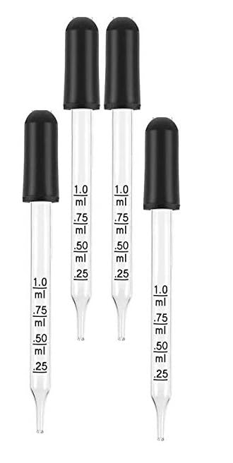 Set of 4 pcs Glass Dropper (1ml), with Black Suction Bulb, Medicine Eye Droppers Graduated 4" Straight Tip for Essential Oils, Science Laboratory Medicine Art Liquid Plant Nutrients