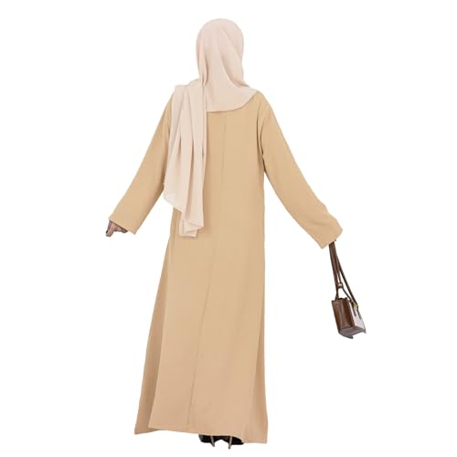 Women Abaya Muslim Dress Long Sleeve Modest Prayer Maxi Kaftan Islamic Clothes with Pockets - color: Beige, size: Large