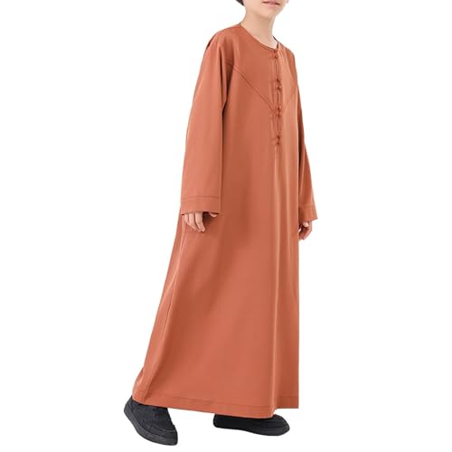 Kids Arabic Thobes for Boys Muslim Thobe Long Sleeve Kaftan Islamic Prayer Dress Kids Dubai Robe Burkas Ramadan Eid Outfit - color: Brown, size: 3-4T