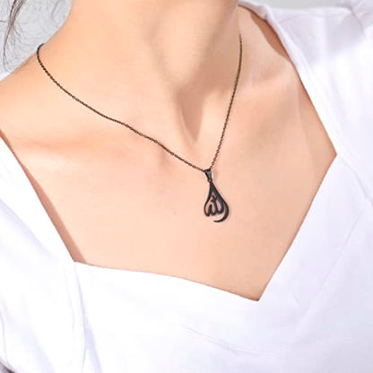 UNIFT Islamic Muslim Allah Layered Necklaces For Women Stainless Steel Charm Water Drop Heart Shape Allah Pendant Double Layer Necklace Islamic Jewelry - color: black