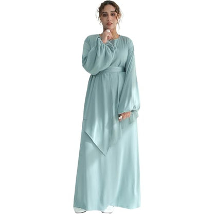 2PCS Muslim Abaya Dress for Women Smooth Satin Prayer Cardigan with Belt - color: Light Green, size: X-Small-Small