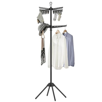 SONGMICS 2단 의류 건조대, 182.9cm(72인치) 접이식 세탁 건조대, 행거용 회전 가능한 팔 3개, 클립 24개, 스테인리스 스틸, 옷 27피스용, 블랙 ULLR512B01 - color: 블랙., style: 2단 클립
