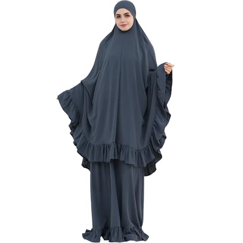 2PCS Abayas for Women Muslim Dress Ruffled Hem Modest Prayer Robe Full Coverage Modest Jilbab Set - color: Dark Gray, size: Medium