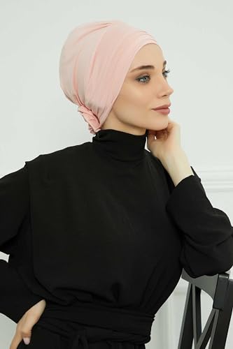Aisha's Design Instant Turban Head Wraps for Women, Combed Cotton Scarf Lightweight Pre tied Hijab with Back Rose Detail - color: Powder