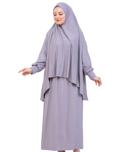 Prien Soft Prayer Dress For Women, Muslim Abaya Hijab Set, Long Turkish Cotton Praying Outfit, Islamic Clothes For Ramadan - color: Grey