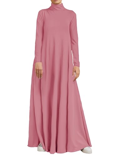 WSPLYSPJY Women High Neck Abaya Muslim Dress Solid Color Prayer Robe - color: Pink, size: X-Large