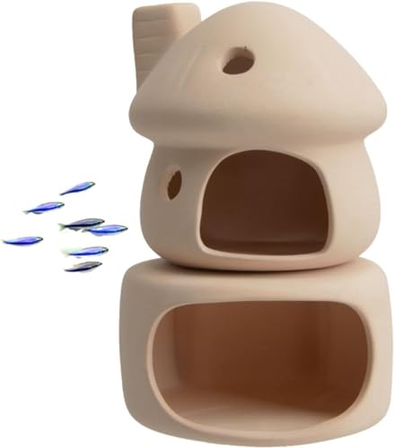 RUIAN Ceramic Fish Tank Decorations, Mushroom House and Cave with Round Cave for Small Shrimp to Rest and Breed,Hiding, Cichlid, Hermit Crabs (Beige) - color: Mushroom+base(beige)