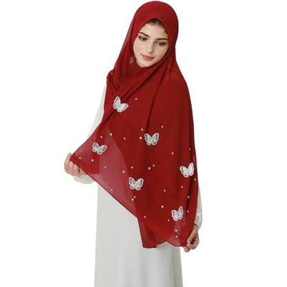 Muslim Prayer Hijab for Women Lightweight Pearl Chiffon Scarfs 3-D Butterfly Embroidery with Glitters Beads Islamic Hijab - color: Wine Red