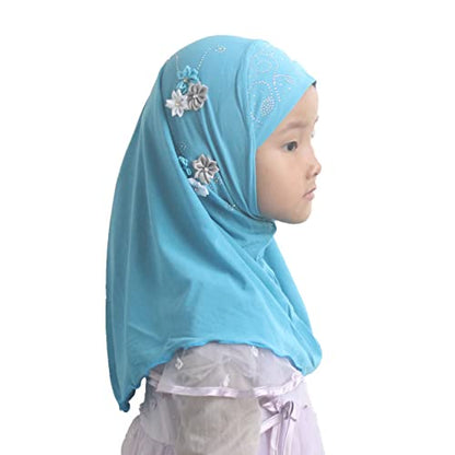 Instant Hijab for Kids Girls Hijabs Muslim Islamic Head Scarf with Rhinestone and Flowers - color: Sky Blue